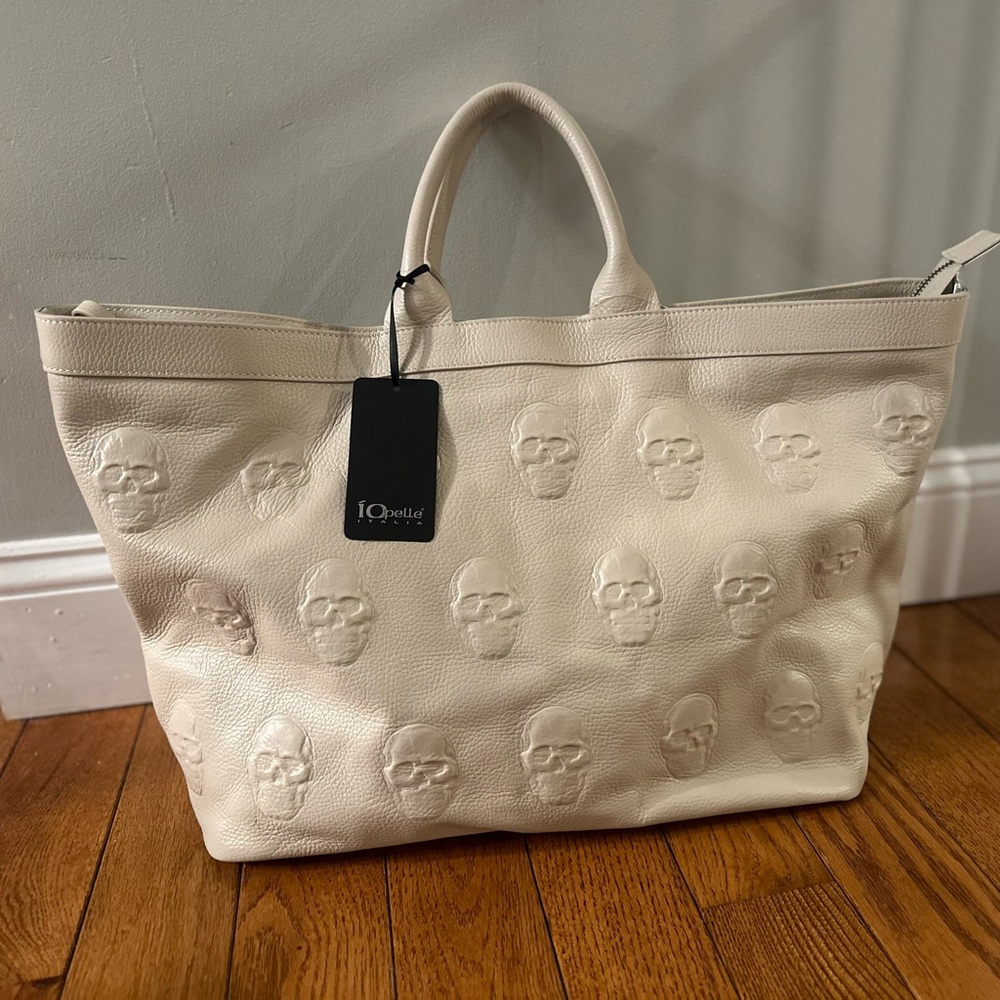 NWT IOpelle ITALIA Antonio Cristiano Skull Leather Tote Goth Bag White Cream